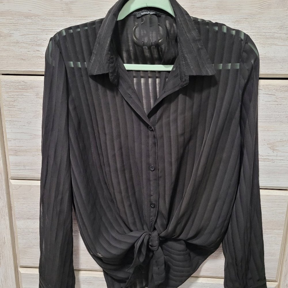 Black striped sheer button up blouse